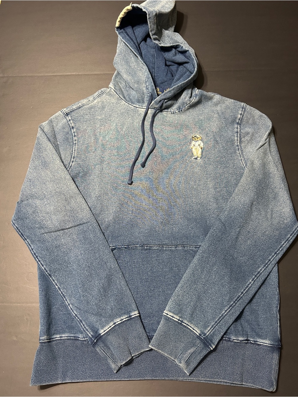Ralph Lauren Faded Blue Hoodie with Polo Bear Embroidery /Distressed size L